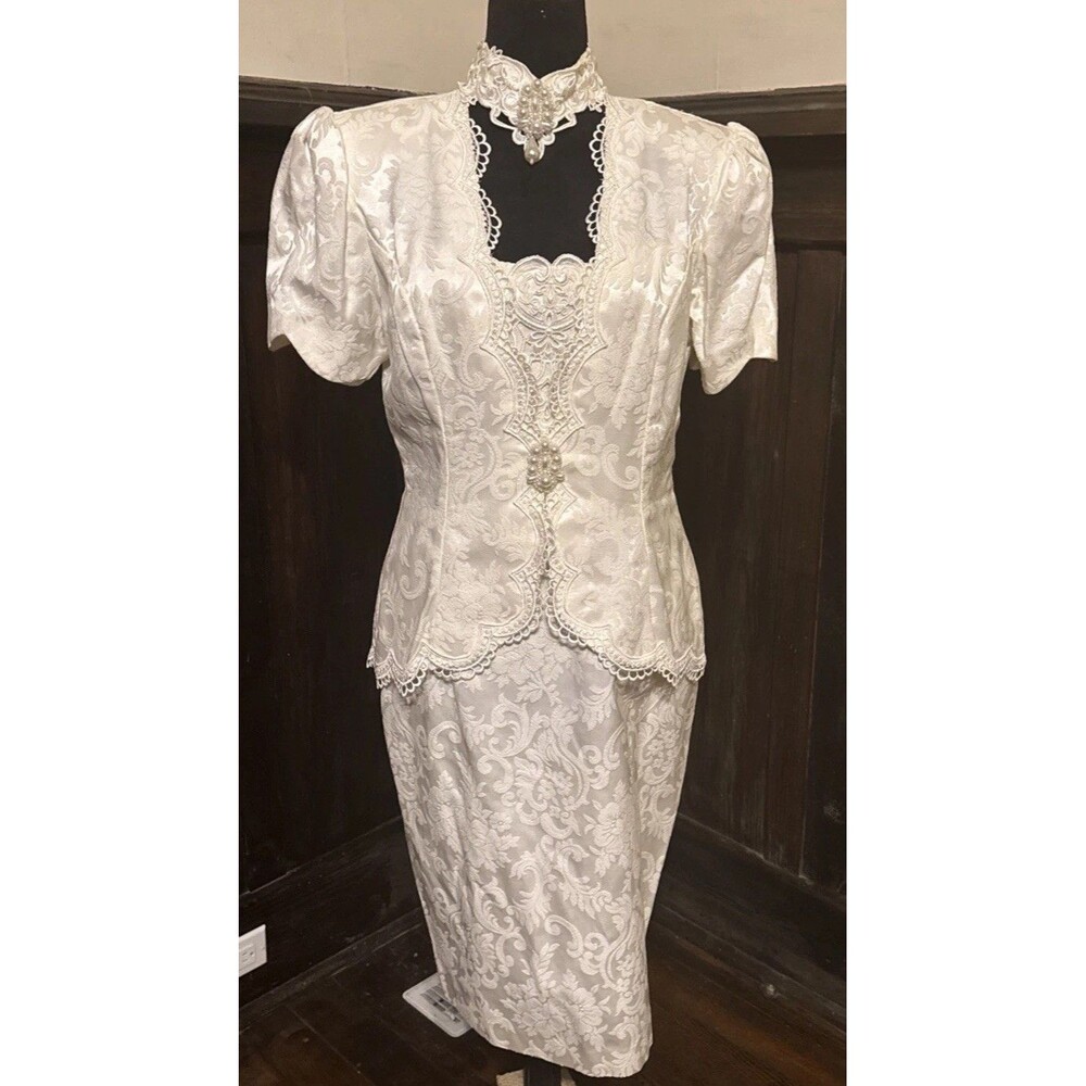 Vintage 80s Scott McClintock White Formal Wedding Skirt Suit Dress
